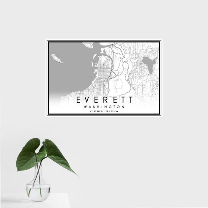 16x24 Everett Washington Map Print Landscape Orientation in Classic Style With Tropical Plant Leaves in Water