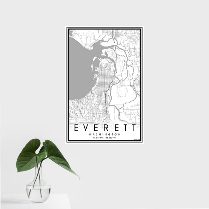 16x24 Everett Washington Map Print Portrait Orientation in Classic Style With Tropical Plant Leaves in Water