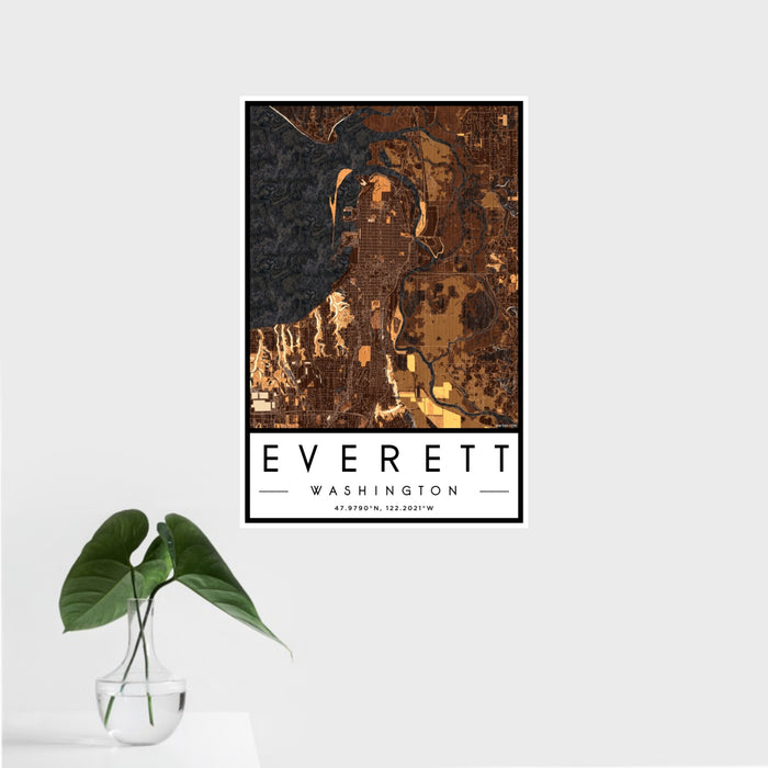 16x24 Everett Washington Map Print Portrait Orientation in Ember Style With Tropical Plant Leaves in Water