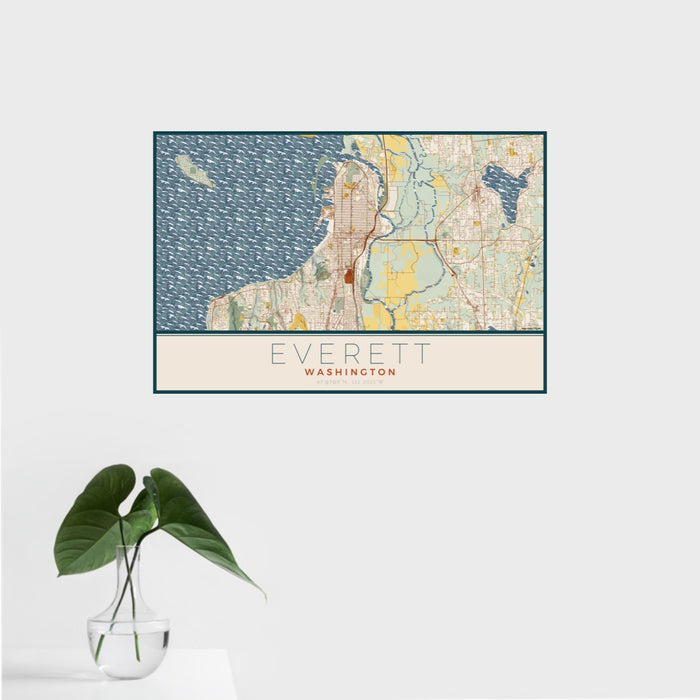 16x24 Everett Washington Map Print Landscape Orientation in Woodblock Style With Tropical Plant Leaves in Water