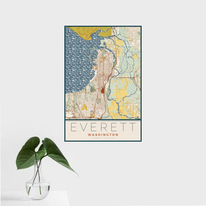 16x24 Everett Washington Map Print Portrait Orientation in Woodblock Style With Tropical Plant Leaves in Water