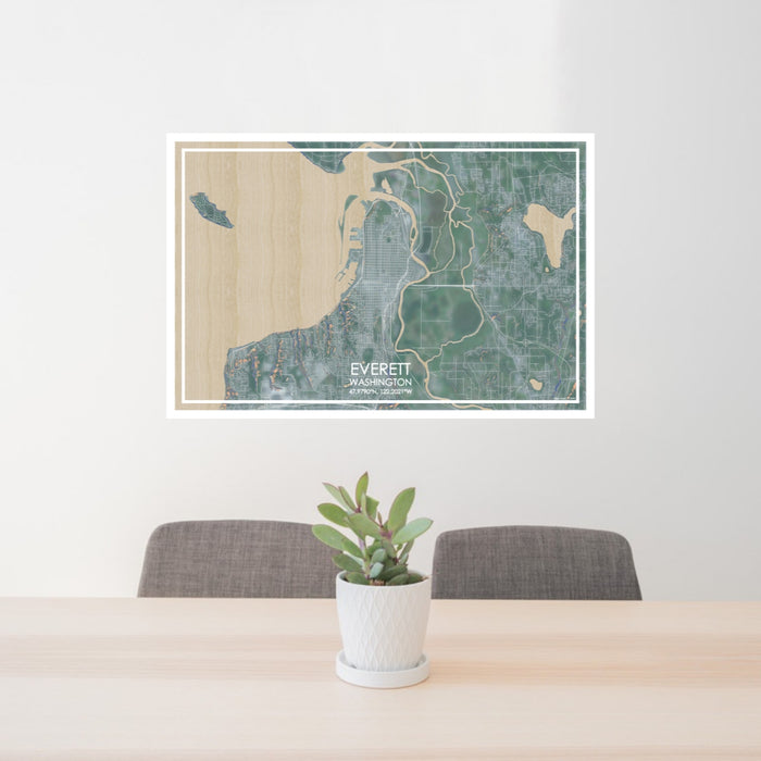 24x36 Everett Washington Map Print Lanscape Orientation in Afternoon Style Behind 2 Chairs Table and Potted Plant