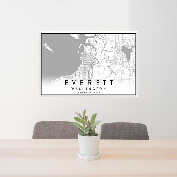 24x36 Everett Washington Map Print Lanscape Orientation in Classic Style Behind 2 Chairs Table and Potted Plant