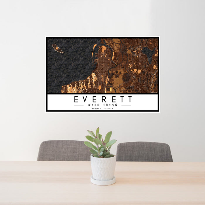 24x36 Everett Washington Map Print Lanscape Orientation in Ember Style Behind 2 Chairs Table and Potted Plant
