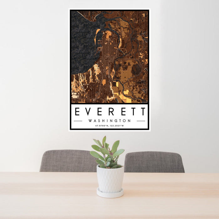 24x36 Everett Washington Map Print Portrait Orientation in Ember Style Behind 2 Chairs Table and Potted Plant
