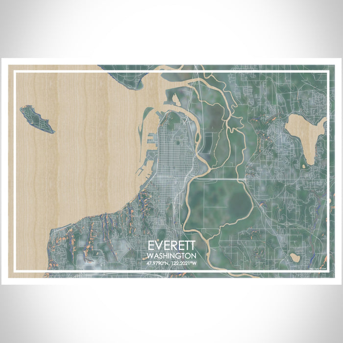Everett Washington Map Print Landscape Orientation in Afternoon Style With Shaded Background