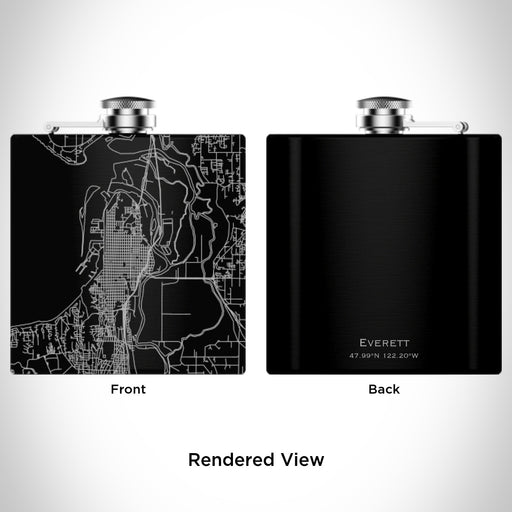 Rendered View of Everett Washington Map Engraving on 6oz Stainless Steel Flask in Black