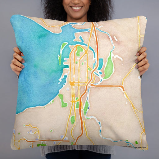 Person holding 22x22 Custom Everett Washington Map Throw Pillow in Watercolor