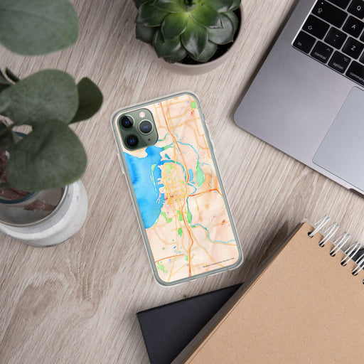 Custom Everett Washington Map Phone Case in Watercolor on Table with Laptop and Plant