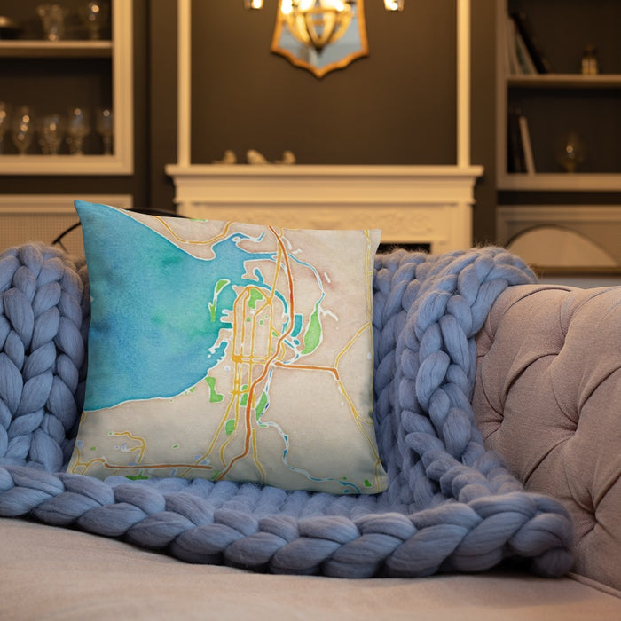 Custom Everett Washington Map Throw Pillow in Watercolor on Cream Colored Couch