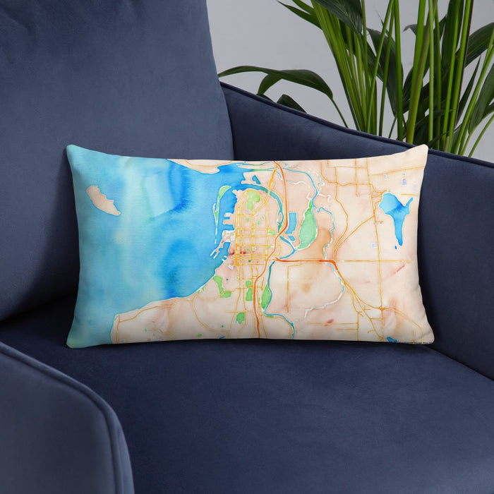 Custom Everett Washington Map Throw Pillow in Watercolor on Blue Colored Chair