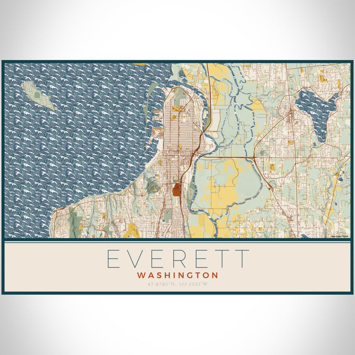 Everett Washington Map Print Landscape Orientation in Woodblock Style With Shaded Background