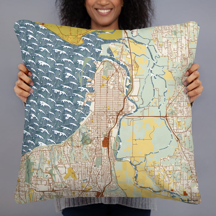 Person holding 22x22 Custom Everett Washington Map Throw Pillow in Woodblock