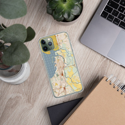 Custom Everett Washington Map Phone Case in Woodblock on Table with Laptop and Plant