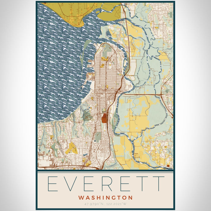 Everett Washington Map Print Portrait Orientation in Woodblock Style With Shaded Background