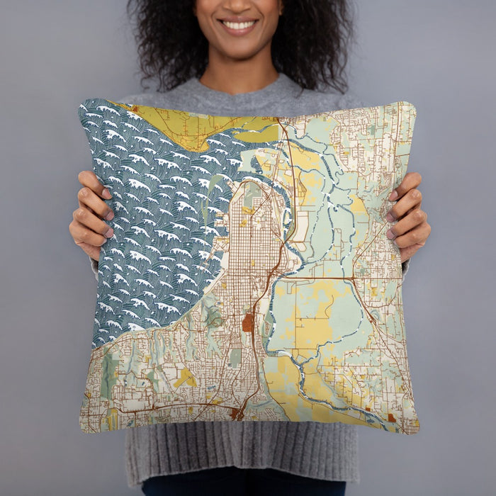 Person holding 18x18 Custom Everett Washington Map Throw Pillow in Woodblock