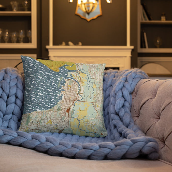 Custom Everett Washington Map Throw Pillow in Woodblock on Cream Colored Couch