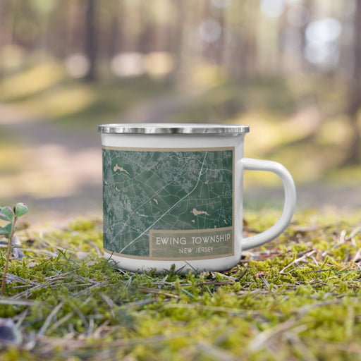 Right View Custom Ewing Township New Jersey Map Enamel Mug in Afternoon on Grass With Trees in Background