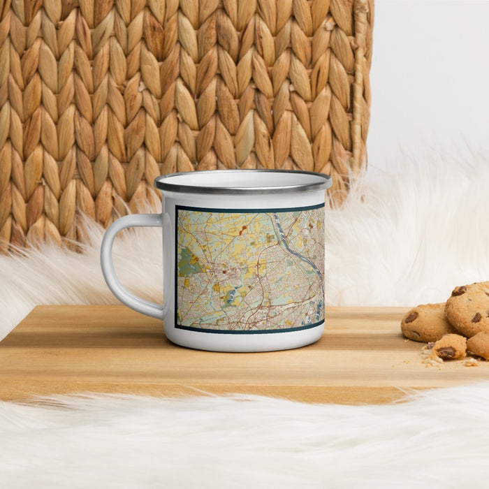 Left View Custom Ewing Township New Jersey Map Enamel Mug in Woodblock on Table Top