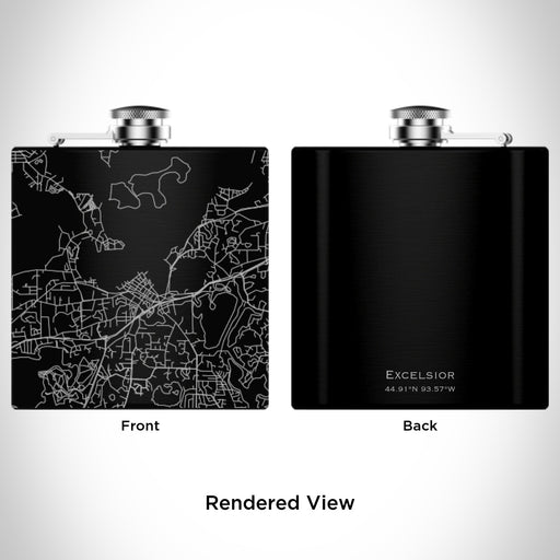 Rendered View of Excelsior Minnesota Map Engraving on 6oz Stainless Steel Flask in Black