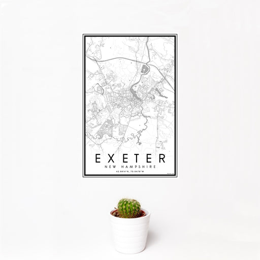 12x18 Exeter New Hampshire Map Print Portrait Orientation in Classic Style With Small Cactus Plant in White Planter