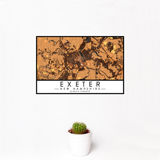 12x18 Exeter New Hampshire Map Print Landscape Orientation in Ember Style With Small Cactus Plant in White Planter