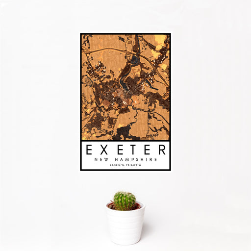 12x18 Exeter New Hampshire Map Print Portrait Orientation in Ember Style With Small Cactus Plant in White Planter
