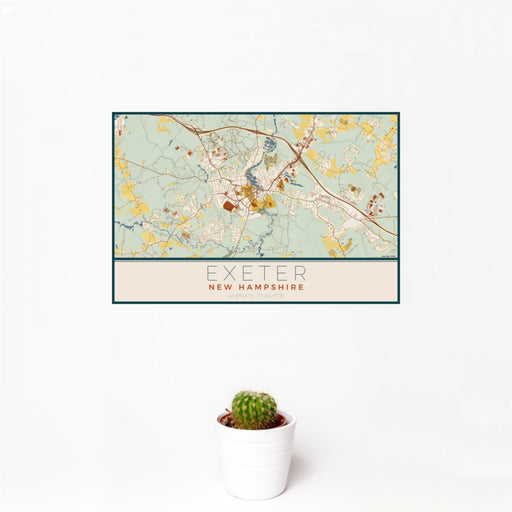 12x18 Exeter New Hampshire Map Print Landscape Orientation in Woodblock Style With Small Cactus Plant in White Planter
