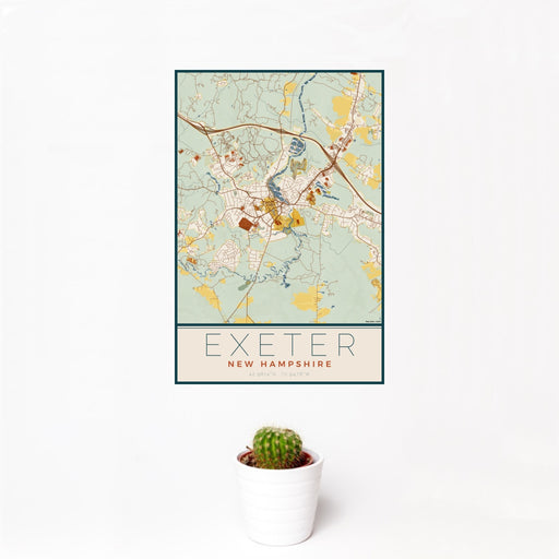 12x18 Exeter New Hampshire Map Print Portrait Orientation in Woodblock Style With Small Cactus Plant in White Planter