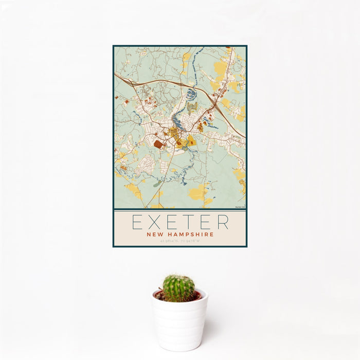 12x18 Exeter New Hampshire Map Print Portrait Orientation in Woodblock Style With Small Cactus Plant in White Planter
