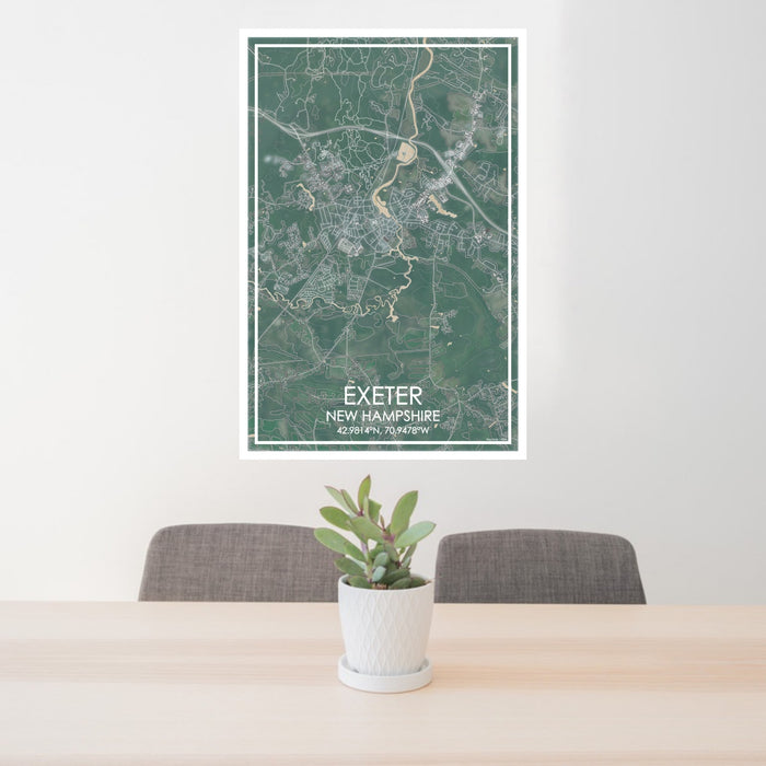 24x36 Exeter New Hampshire Map Print Portrait Orientation in Afternoon Style Behind 2 Chairs Table and Potted Plant