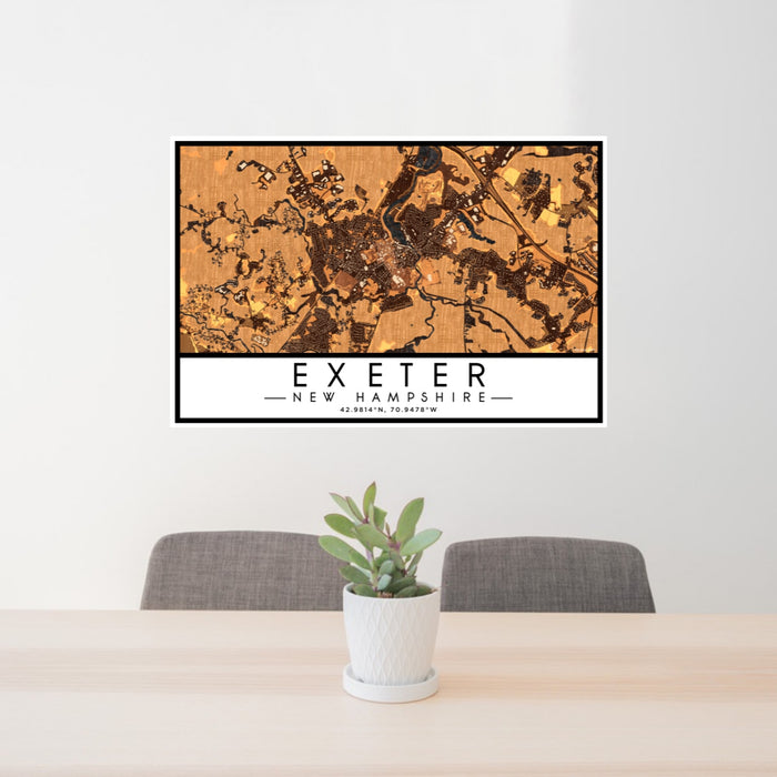 24x36 Exeter New Hampshire Map Print Lanscape Orientation in Ember Style Behind 2 Chairs Table and Potted Plant