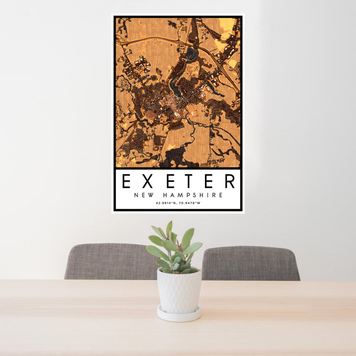 24x36 Exeter New Hampshire Map Print Portrait Orientation in Ember Style Behind 2 Chairs Table and Potted Plant