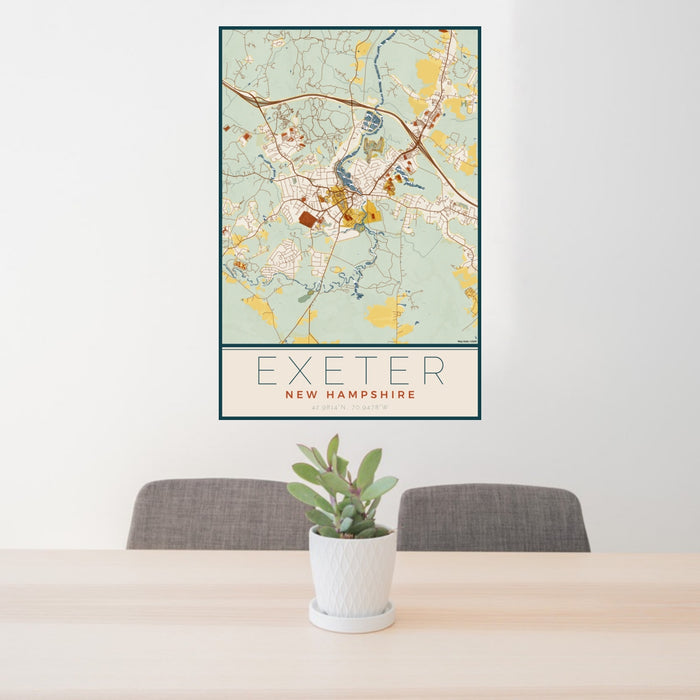 24x36 Exeter New Hampshire Map Print Portrait Orientation in Woodblock Style Behind 2 Chairs Table and Potted Plant