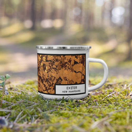 Right View Custom Exeter New Hampshire Map Enamel Mug in Ember on Grass With Trees in Background