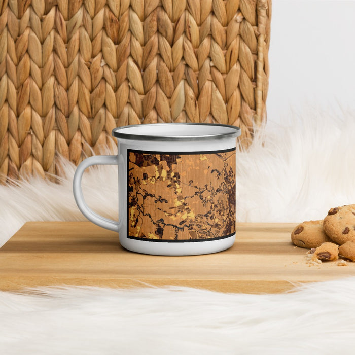 Left View Custom Exeter New Hampshire Map Enamel Mug in Ember on Table Top