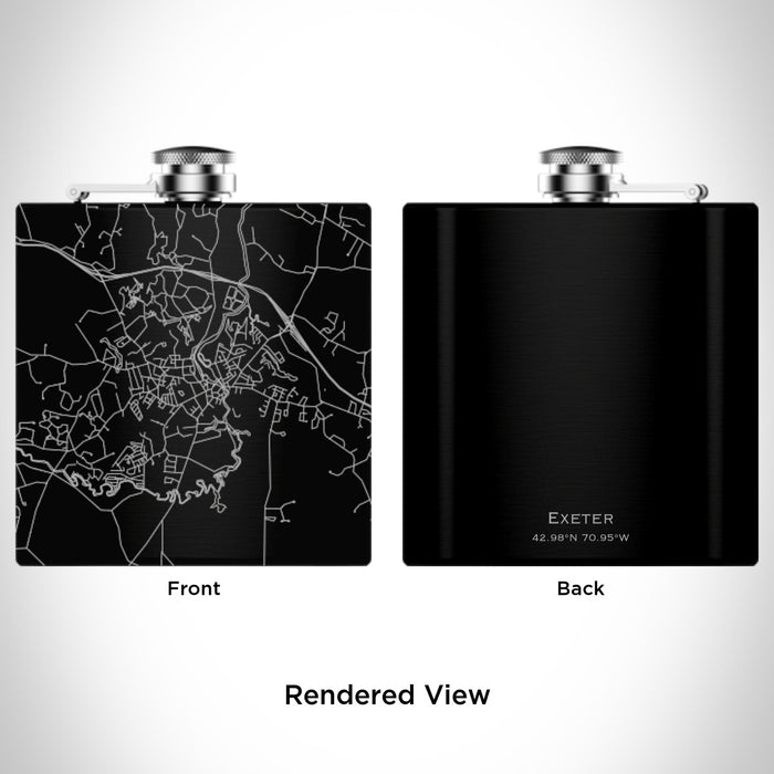 Rendered View of Exeter New Hampshire Map Engraving on 6oz Stainless Steel Flask in Black