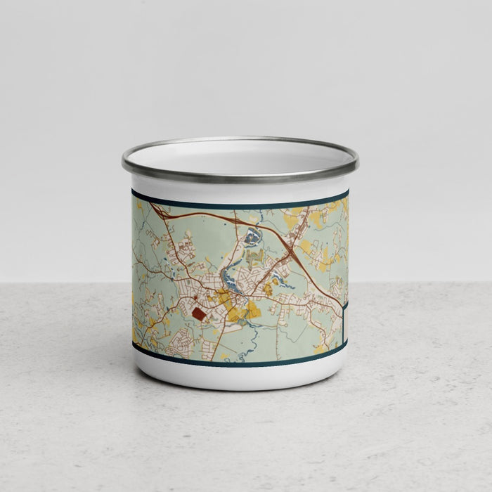Front View Custom Exeter New Hampshire Map Enamel Mug in Woodblock