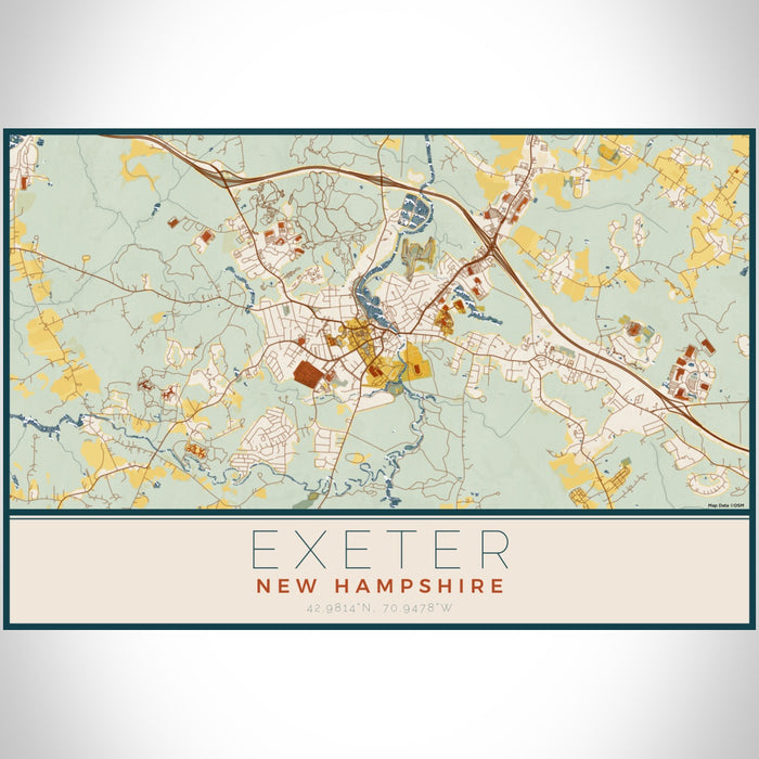 Exeter New Hampshire Map Print Landscape Orientation in Woodblock Style With Shaded Background