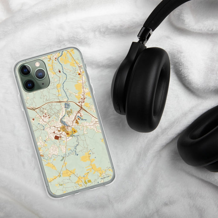 Custom Exeter New Hampshire Map Phone Case in Woodblock on Table with Black Headphones