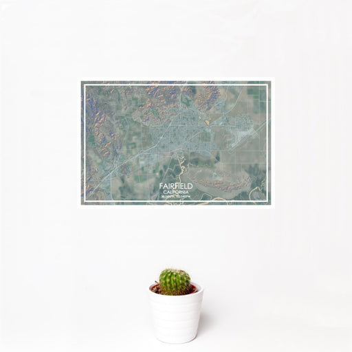 12x18 Fairfield California Map Print Landscape Orientation in Afternoon Style With Small Cactus Plant in White Planter