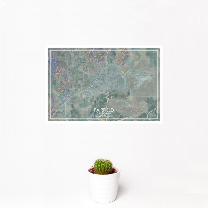 12x18 Fairfield California Map Print Landscape Orientation in Afternoon Style With Small Cactus Plant in White Planter