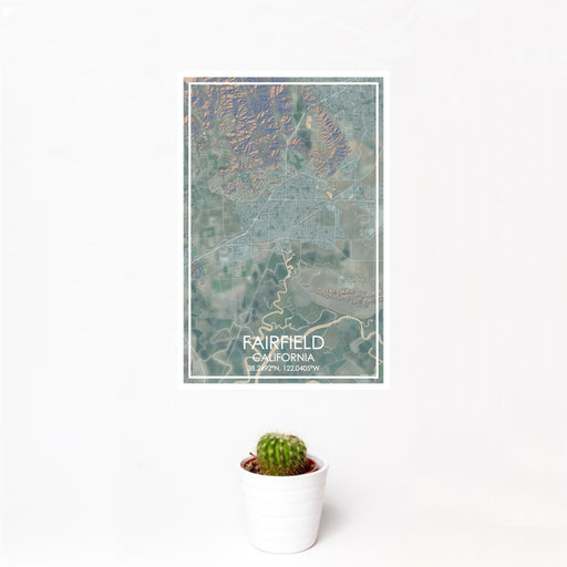 12x18 Fairfield California Map Print Portrait Orientation in Afternoon Style With Small Cactus Plant in White Planter