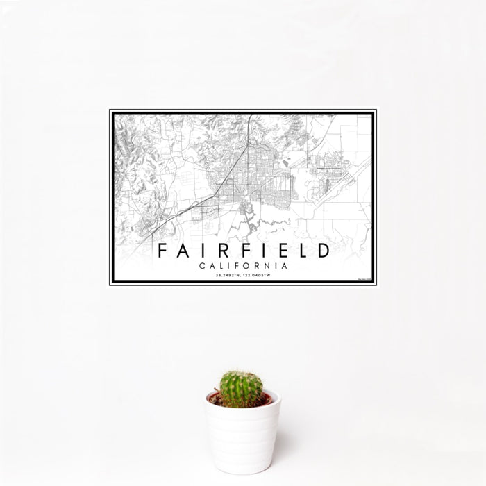 12x18 Fairfield California Map Print Landscape Orientation in Classic Style With Small Cactus Plant in White Planter