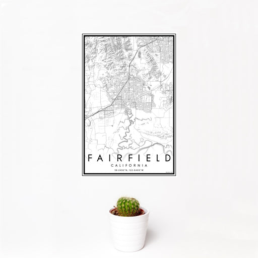 12x18 Fairfield California Map Print Portrait Orientation in Classic Style With Small Cactus Plant in White Planter