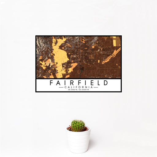 12x18 Fairfield California Map Print Landscape Orientation in Ember Style With Small Cactus Plant in White Planter