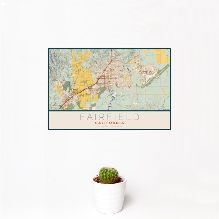 12x18 Fairfield California Map Print Landscape Orientation in Woodblock Style With Small Cactus Plant in White Planter