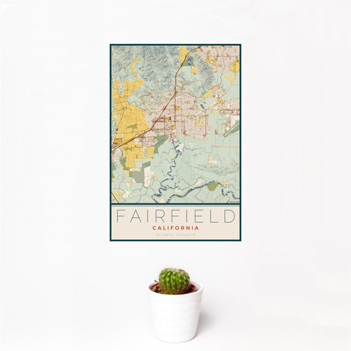12x18 Fairfield California Map Print Portrait Orientation in Woodblock Style With Small Cactus Plant in White Planter