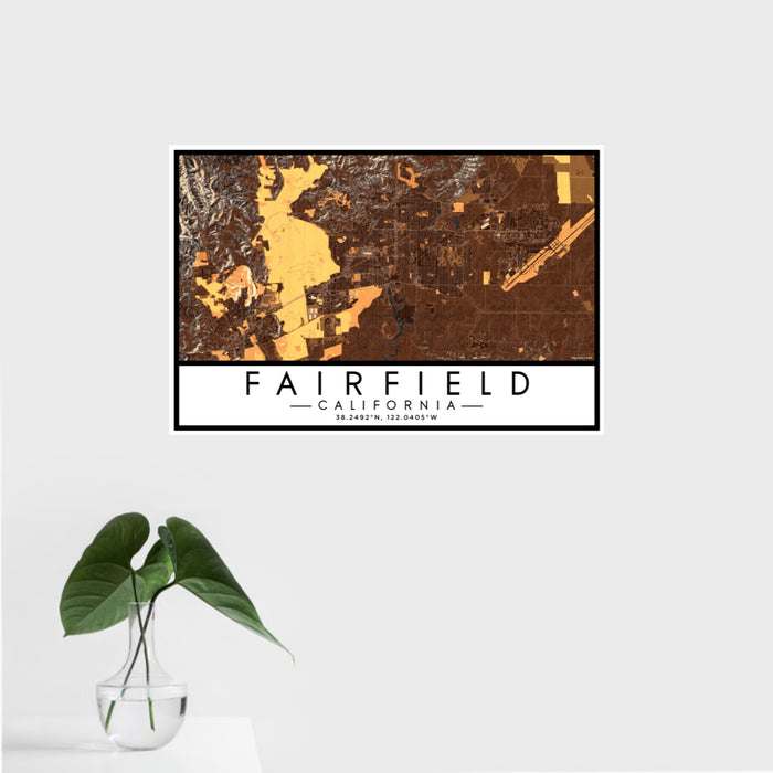 16x24 Fairfield California Map Print Landscape Orientation in Ember Style With Tropical Plant Leaves in Water