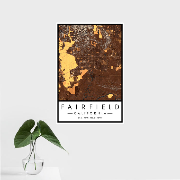 16x24 Fairfield California Map Print Portrait Orientation in Ember Style With Tropical Plant Leaves in Water